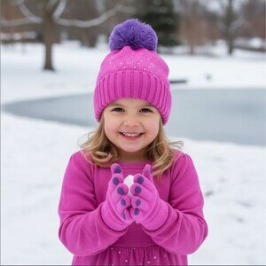 Girls ✦ Pink Knit Hat Gloves Set ✦ Purple Pom Grip Dot Gloves Rhinestone Winter